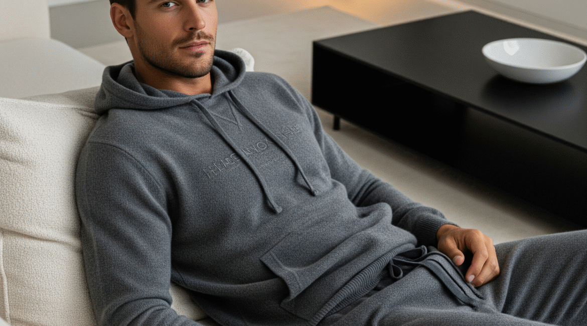 A man wearing a luxurious dark grey cashmere hoodie and matching sweatpants, lounging on a cream-colored sofa in a modern living room.