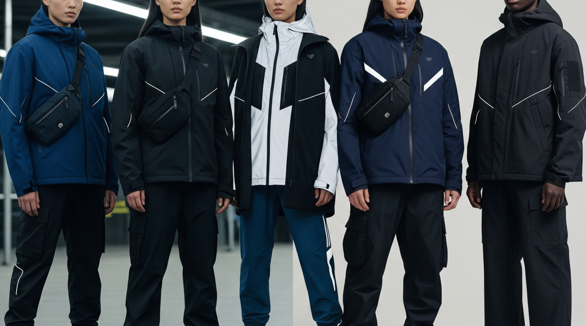 A diverse group of models showcasing futuristic techwear fashion with a Korean aesthetic in an urban setting. The clothing features sleek designs, technical fabrics, and dark, muted colors with subtle bright accents, emphasizing functionality and modern style.