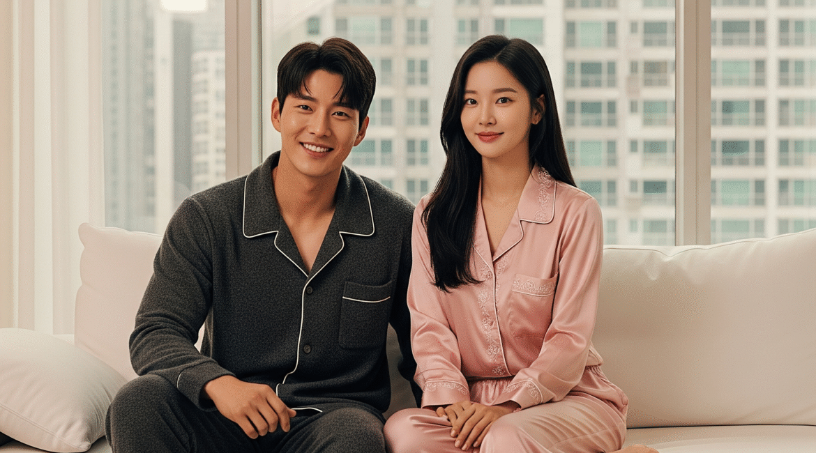 A beautiful Korean male and female actor sitting on a white sofa in a modern apartment, wearing elegant luxury loungewear. The male is in a dark gray set, and the female is in a blush pink silk set, with a city skyline visible through a large window.