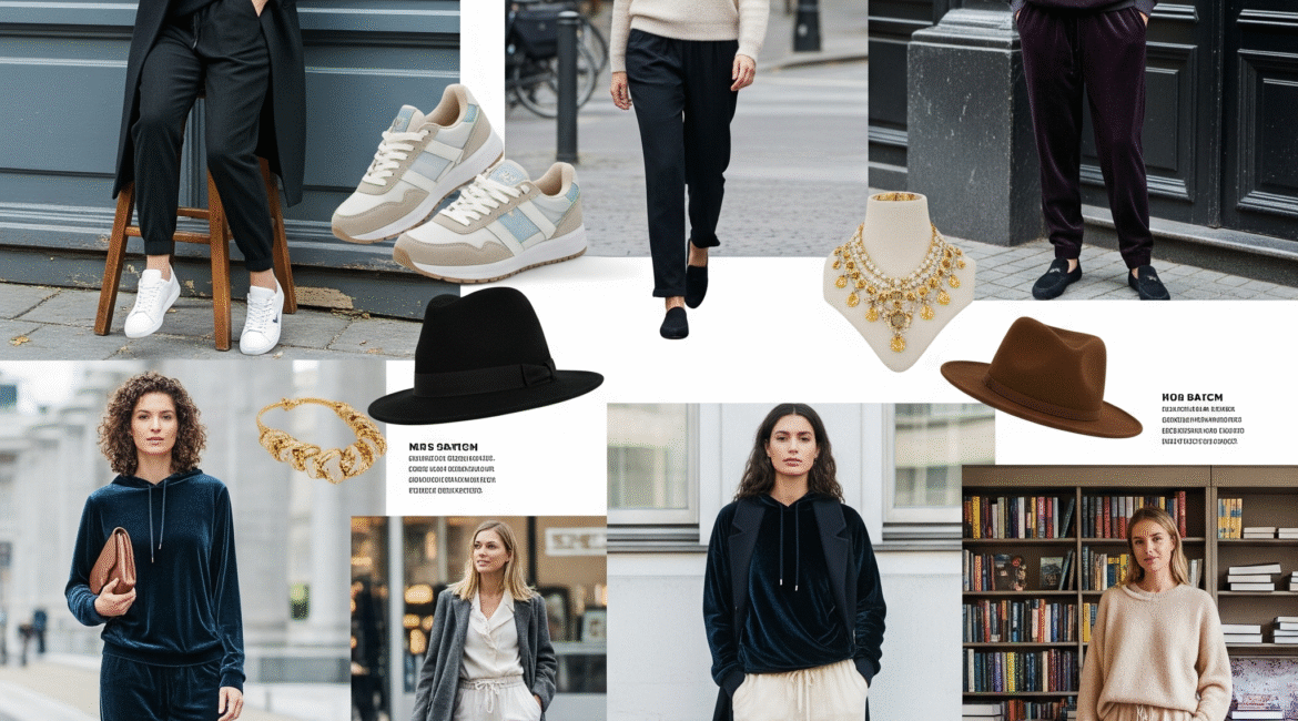 A collage of diverse individuals showcasing various ways to style luxury loungewear for everyday wear, including silk track pants, cashmere sweaters, and velvet hoodies, paired with accessories like sneakers, jewelry, and tailored outerwear in different urban settings.