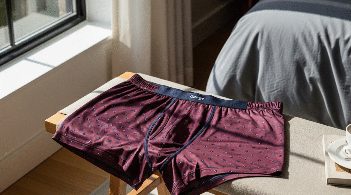 Maroon men's boxer shorts with a subtle pattern, draped over a light-colored bedroom bench near a sunlit window. The fabric appears soft and luxurious, suggesting comfort and high quality.
