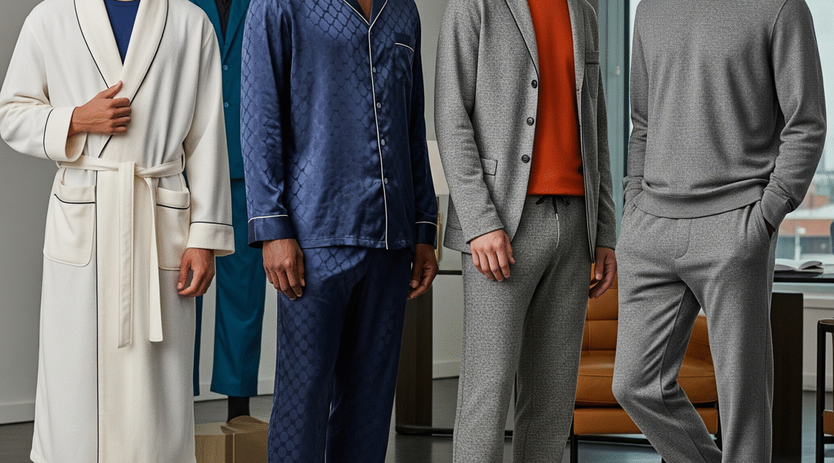 Four diverse men modeling luxury loungewear, including a robe, silk pajamas, and knit sets, in a modern interior. Men showcasing 2025 loungewear trends: a man in a white robe, another in blue silk pajamas, and two in grey knit outfits. Group of men in various styles of high-end loungewear for the USA market, set against a contemporary backdrop.