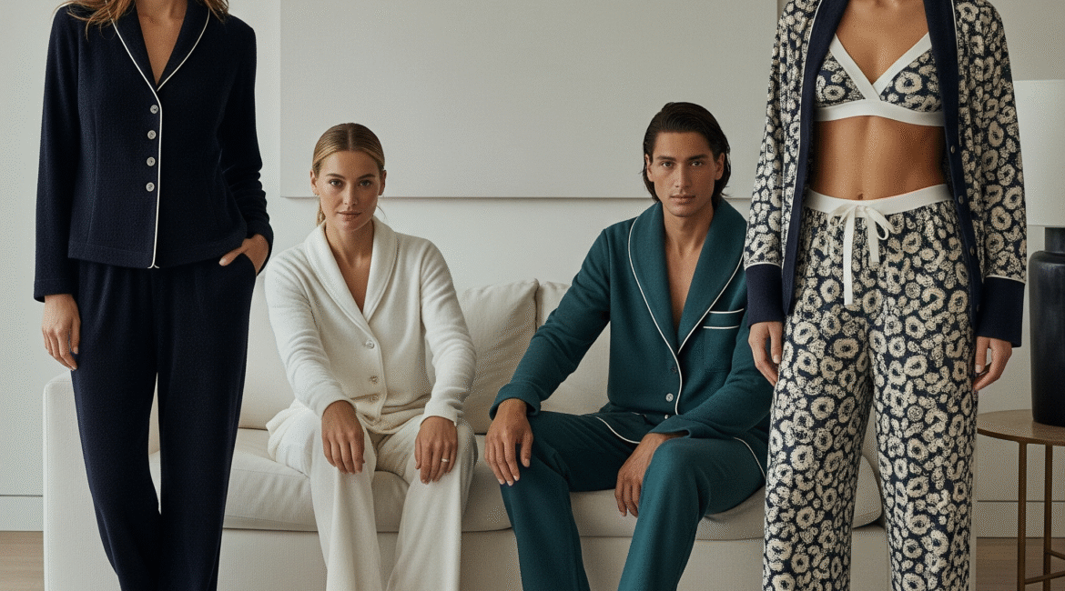 Four models, two women and two men, wearing luxurious loungewear in a modern, minimalist living room. One woman stands in a navy set, another sits in a cream set, a man sits in a teal set, and a woman stands in a patterned set.