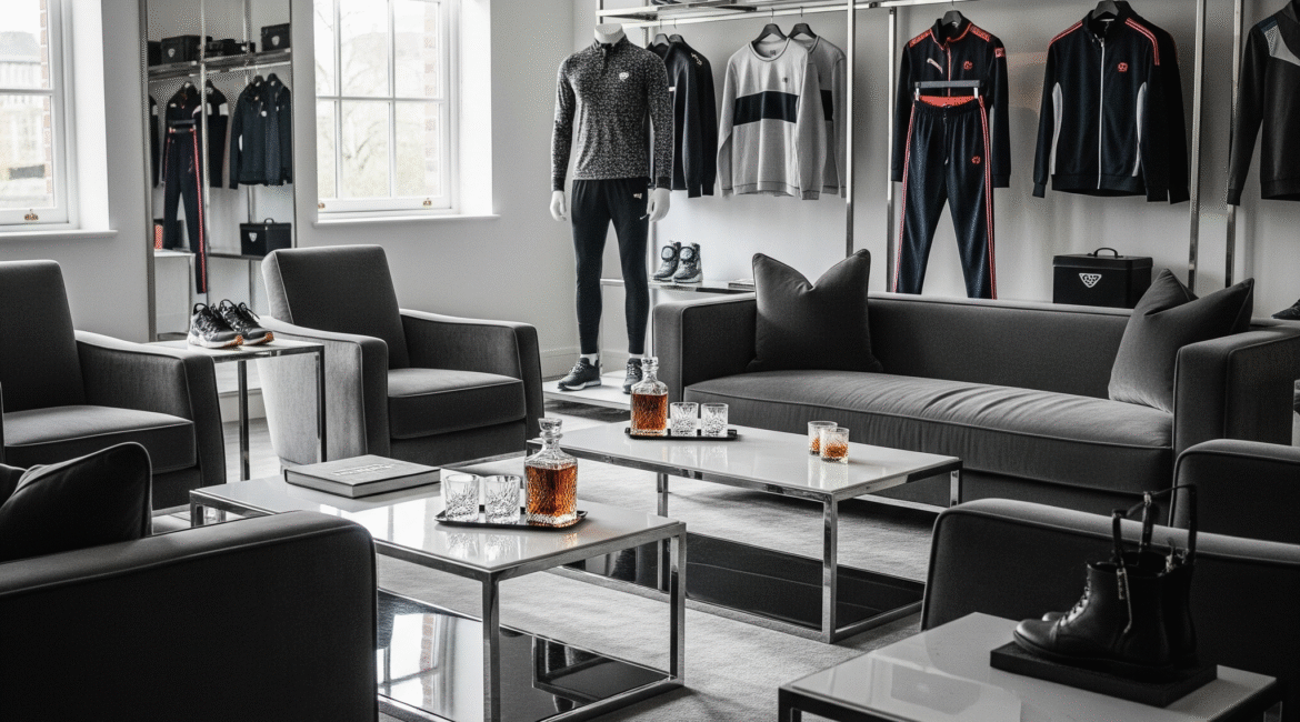 A high-end men's lounge with dark grey sofas and armchairs, minimalist chrome and marble coffee tables with drinks, and racks displaying athletic-inspired luxury apparel.