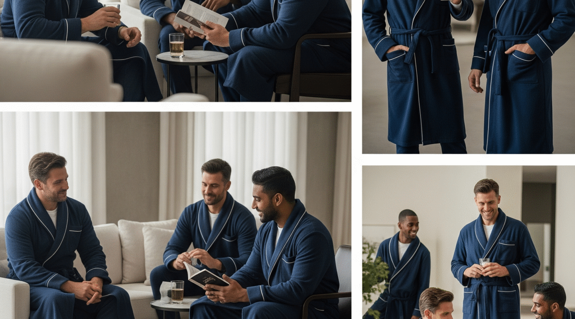 A collage of four images showing a diverse group of businessmen in luxurious navy blue loungewear (robes and sweatpants) relaxing in a modern, elegant lounge setting. They are seen conversing, reading, and enjoying beverages, embodying sophisticated comfort.