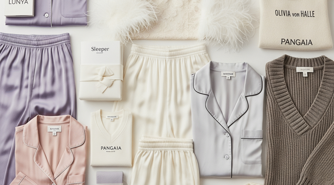 "Aesthetic display of luxury loungewear including silk pajamas, feather-trimmed sleepwear, minimalist co-ord sets, and sustainable fashion pieces from top brands like Lunya, Sleeper, Olivia von Halle, and PANGAIA, styled on a neutral background for an elegant and cozy vibe."