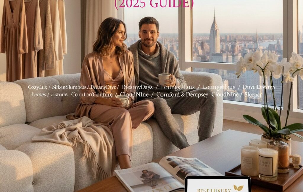 A man and woman, both looking content and relaxed in stylish pink and grey loungewear, are seated on a plush white sofa in a modern apartment with large windows overlooking a city skyline. A coffee table with candles, an open magazine, and a tablet displaying "BEST LUXURY LOUNGEWEAR BRANDS IN THE USA (2025 GUIDE)" is in the foreground. A clothing rack with more loungewear is visible in the background.