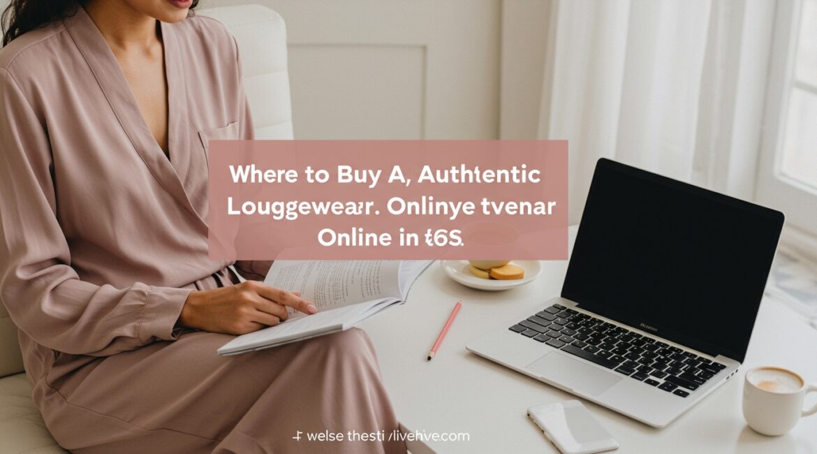 An elegantly dressed woman relaxing in luxurious loungewear, comfortably browsing online on a tablet, with shopping bags nearby, symbolizing online shopping for premium comfort in the USA.