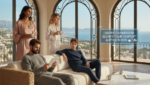 A diverse group of people relaxing in a high-end, minimalist penthouse overlooking a city skyline, wearing premium loungewear with a holographic interface displaying the title.