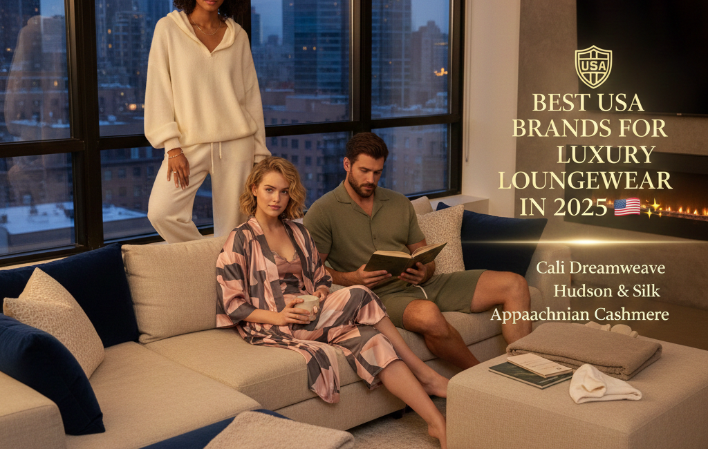 Alt Text: Three people relaxing in a luxury penthouse wearing elegant white cashmere and pink silk loungewear. Text on the right lists brands: Cali Dreamweave, Hudson & Silk, and Appalachian Cashmere.