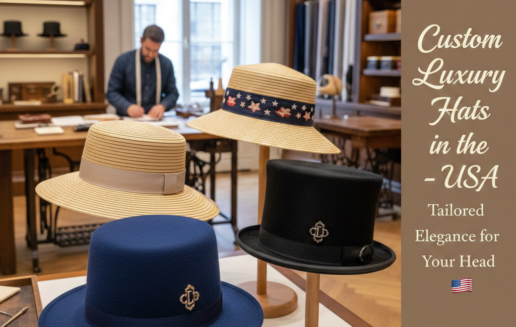 A high-end millinery workshop featuring handcrafted luxury fedoras and straw hats on wooden stands with a master hatter working in the background.