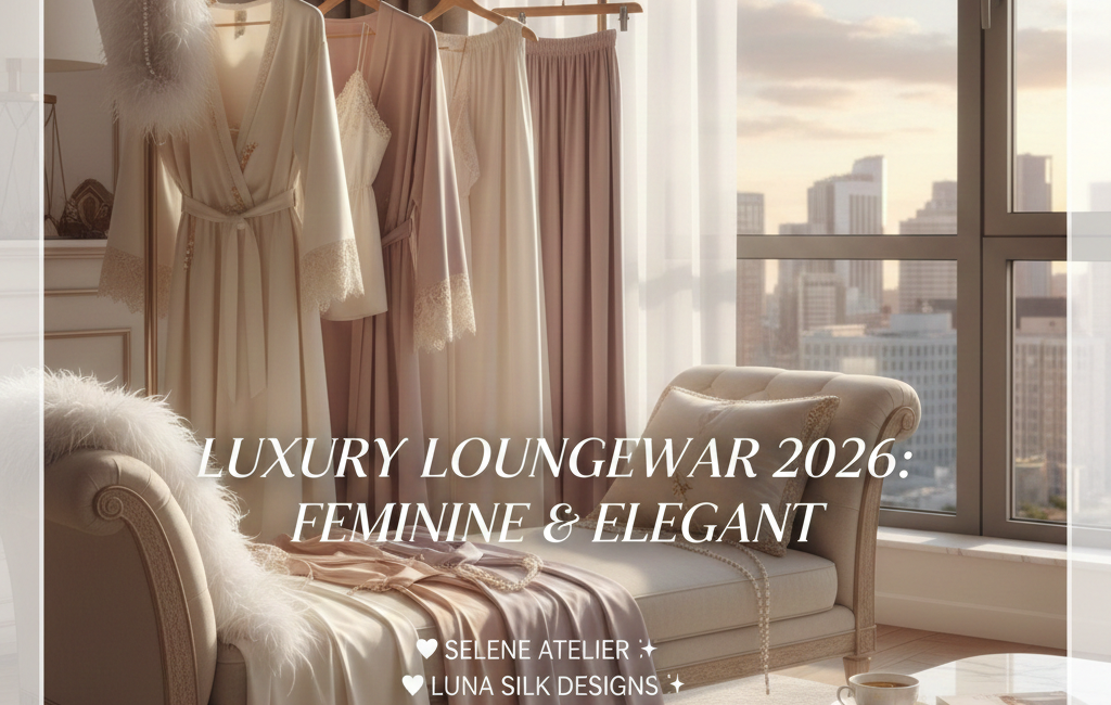 A high-end penthouse interior featuring elegant silk and lace loungewear on a gold rack, a velvet chaise lounge, and a sunset city view, with the text "Luxury Loungewear 2026: Feminine & Elegant" centered.