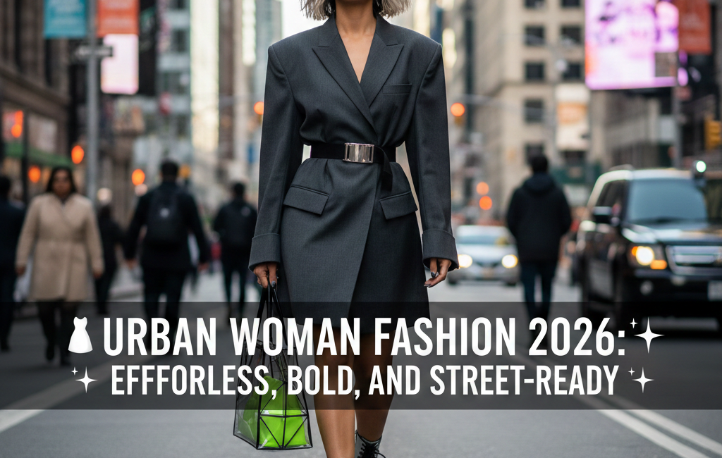 A stylish woman walking down a busy city street wearing a structured grey blazer dress, metallic boots, and oversized futuristic sunglasses, featuring the title "Urban Woman Fashion 2026" in the center.