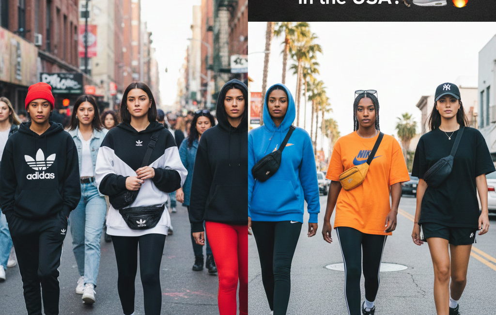 A split-screen comparison showing a group of people wearing Adidas streetwear on the left and a group wearing Nike streetwear on the right, walking down an urban city street.