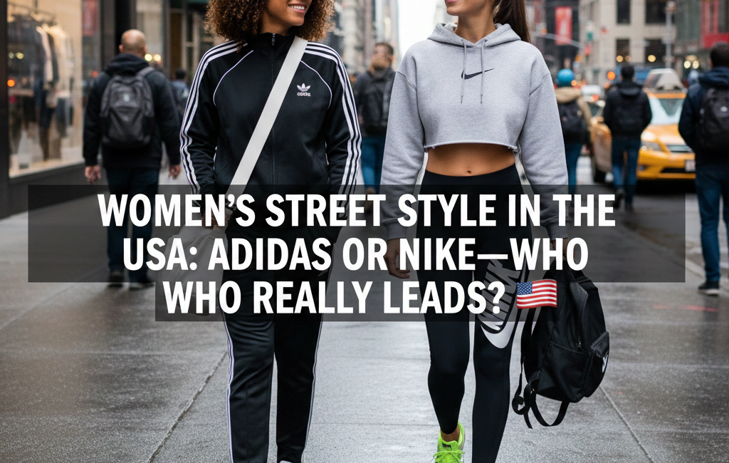 Two women walking down a busy New York City street; one is wearing a black Adidas tracksuit and the other is wearing a grey Nike cropped hoodie and leggings. Centered text reads "Women’s Street Style in the USA: Adidas or Nike—Who Really Leads? 🇺🇸"