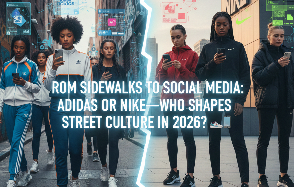 A split-screen digital art piece showing people in an urban alley wearing Adidas on the left and people in a modern plaza wearing Nike on the right, all using smartphones with holographic social media interfaces.