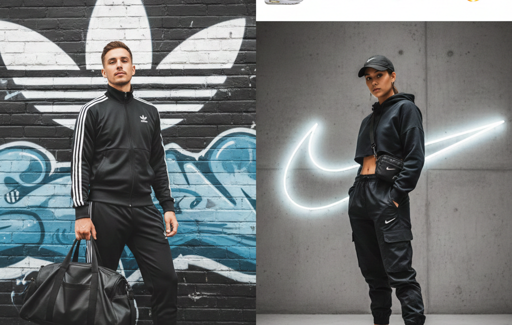 A split-screen comparison of urban fashion: on the left, a man in an Adidas tracksuit against a graffiti wall; on the right, a woman in Nike techwear with a neon swoosh background.