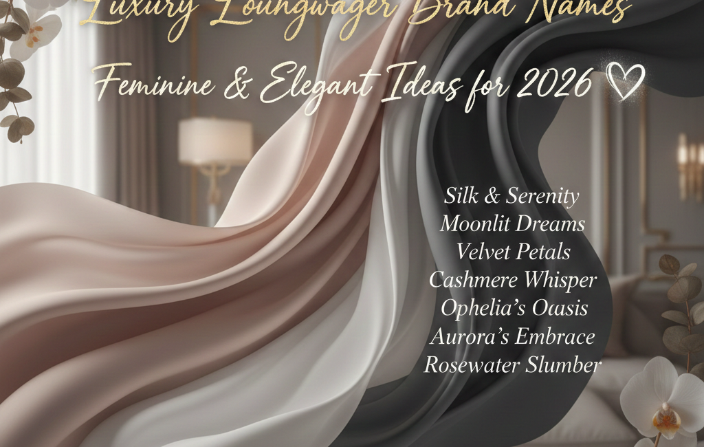 A list of elegant luxury loungewear brand names including Silk & Serenity and Moonlit Dreams, displayed over flowing silk fabrics and white orchids in a soft, minimalist room.