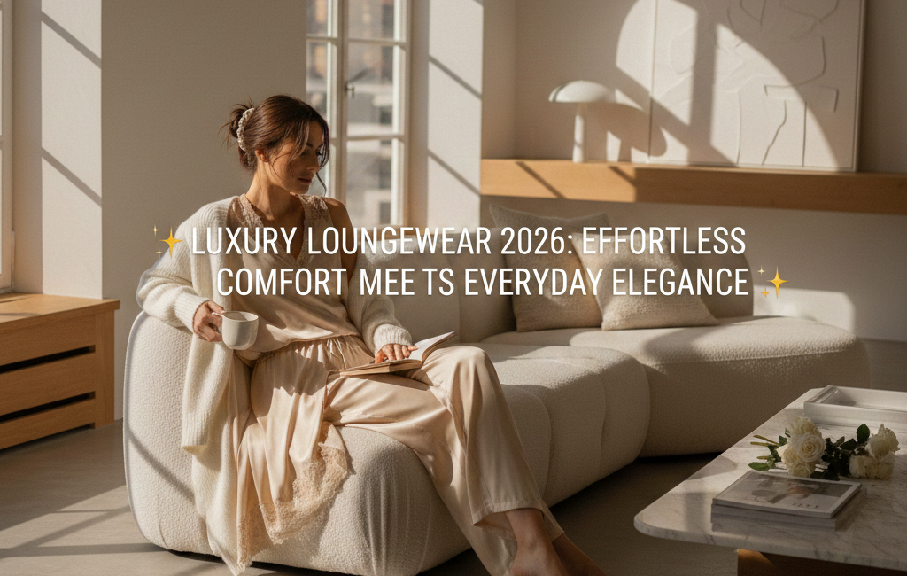 A woman in silk and cashmere loungewear relaxing on a cream curved sofa in a sunlit, minimalist living room with the title "Luxury Loungewear 2026" overlaid in the center.