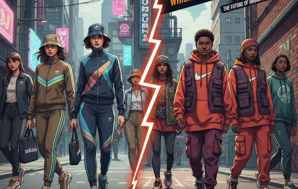 A split-screen illustration of two groups of young people walking in a city. Left side: models in Adidas tracksuits and bucket hats. Right side: models in Nike hoodies and cargo vests. A lightning bolt separates the two styles.