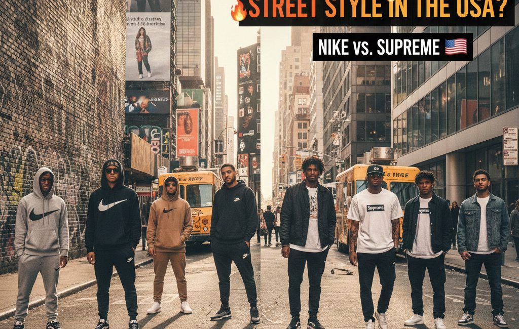 A split-screen image showing two groups of men in an urban street setting. The left side features men wearing Nike hoodies and joggers; the right side features men in Supreme t-shirts and jackets. The text "Which Brand Wins Street Style in the USA?" is on the right.