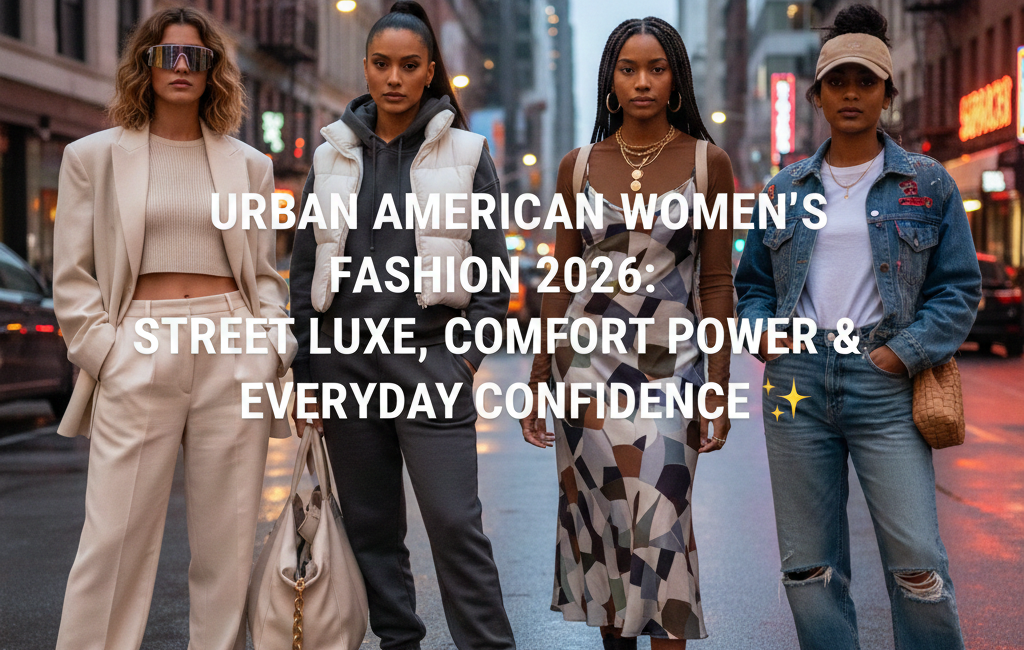 Four diverse women standing on a rainy New York City street showcasing 2026 urban fashion trends, including oversized blazers, tech-fleece joggers, patterned slip dresses, and distressed denim.