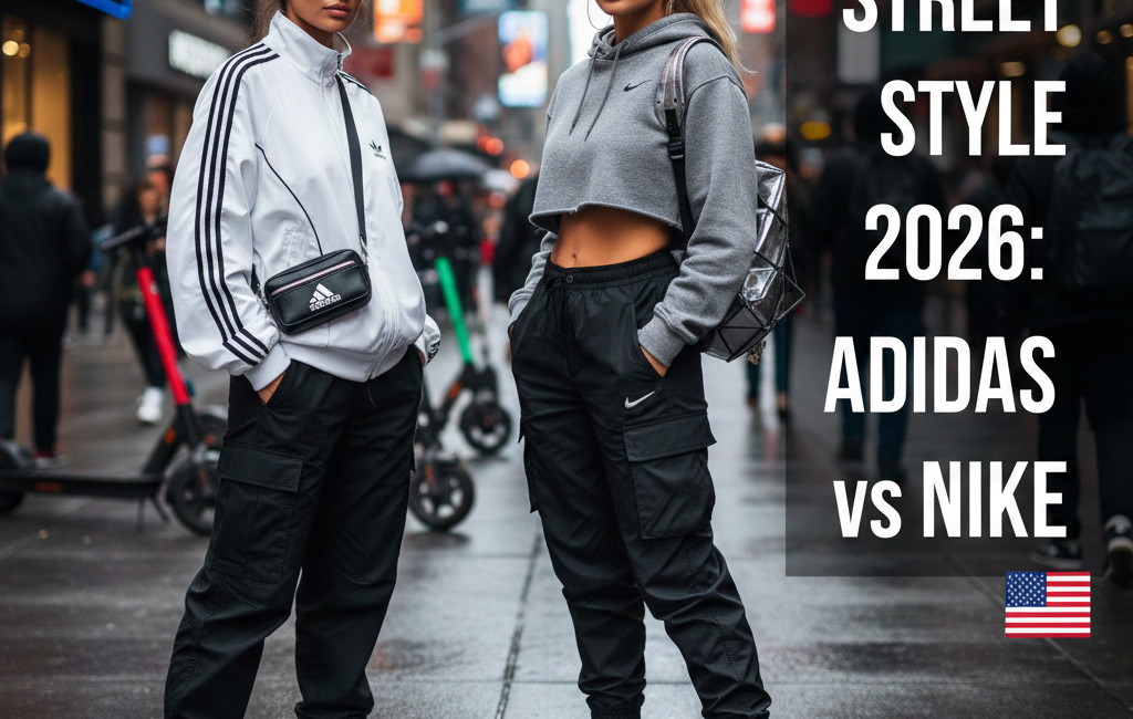 Two women posing in futuristic 2026 street fashion on a busy city sidewalk. One wears a white Adidas track jacket and black cargo pants; the other wears a grey cropped Nike hoodie with black cargo joggers and silver sneakers.