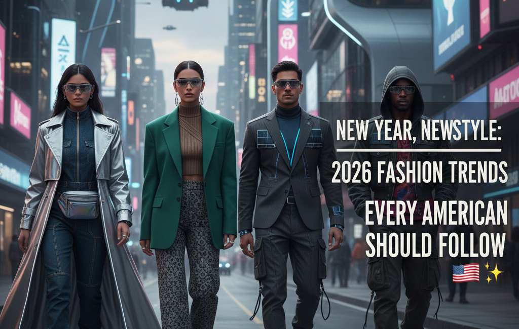 Four diverse fashion models walking down a futuristic city street in 2026, showcasing high-tech and sleek modern apparel with glowing accents. The text "New Year, New Style: 2026 Fashion Trends Every American Should Follow" is displayed on the right.