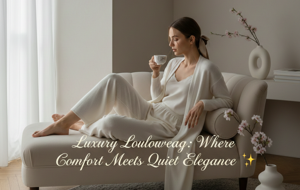 A woman in elegant cream-colored silk and cashmere loungewear reclining on a modern chaise lounge, holding a tea cup in a minimalist, sunlit room.