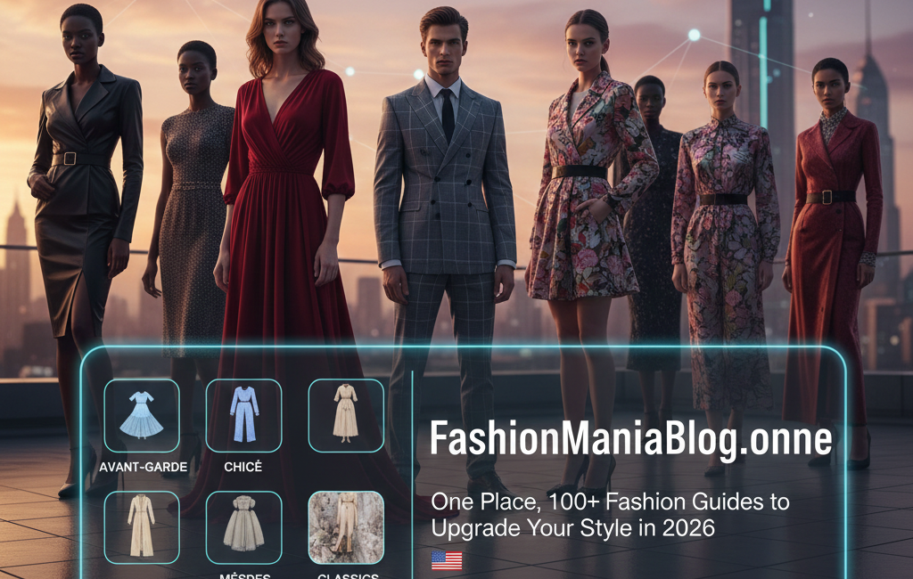 A group of stylish models on a rooftop with a floating digital UI for FashionManiaBlog.online style guides.