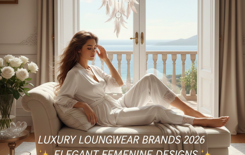 A woman in elegant white silk loungewear relaxing on a cream chaise lounge in a sunlit Mediterranean villa with a sea view.