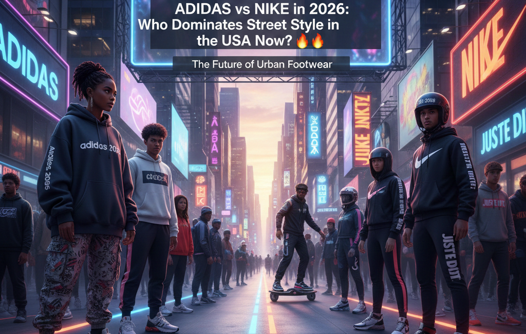 A futuristic 2026 urban street scene in the USA featuring two groups of diverse youth facing off. One side is wearing modern Adidas "Tokyo" slim-profile sneakers and trefoil hoodies, while the other wears Nike "Cortez" and "Air Max" tech-wear. The background features neon-lit billboards with the year 2026 and "Future of Streetwear" slogans.