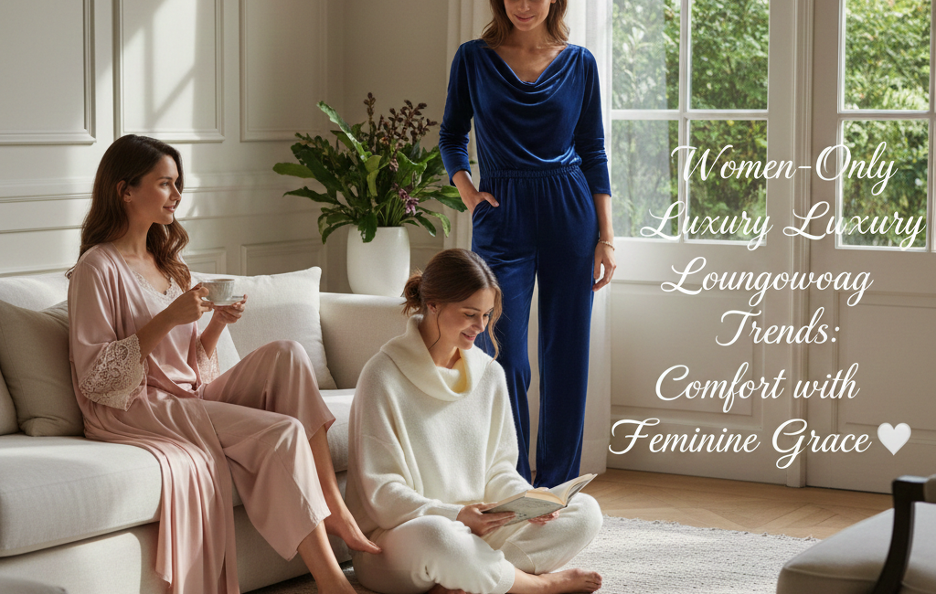 Three women in a bright, elegant living room wearing high-end loungewear including a silk robe, a white knit set, and a navy velvet jumpsuit.