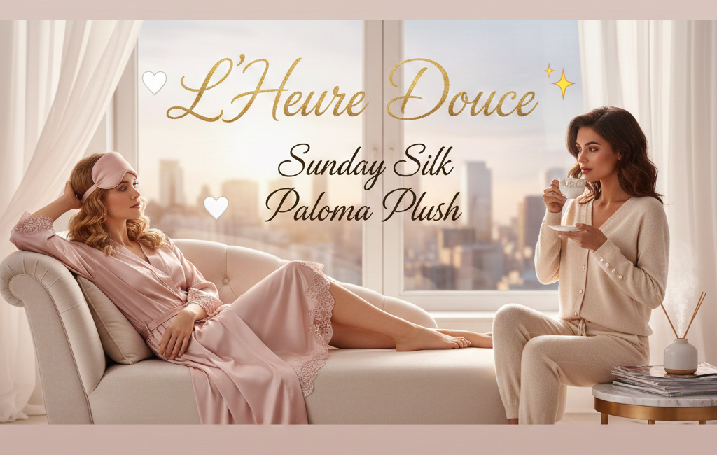 Two elegant women in a high-rise city apartment wearing premium silk and cashmere loungewear, featuring brand names like L’Heure Douce and Sunday Silk.