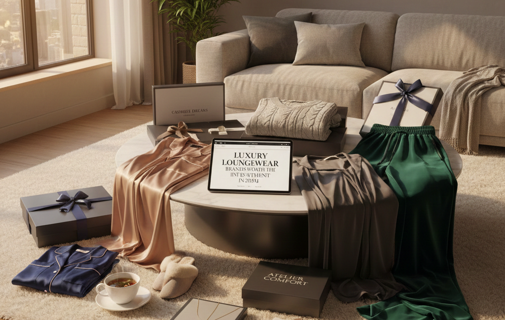 A high-end living room flat lay featuring silk robes, cashmere sweaters, and designer loungewear in emerald and champagne tones.