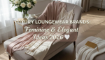 Elegant silk and lace loungewear draped over a velvet chaise lounge in a sunlit, minimalist room with white roses and the text "Luxury Loungewear Brands: Feminine & Elegant Ideas 2026."