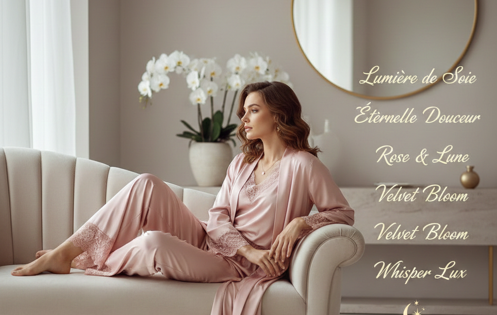 An elegant woman in a blush pink silk robe and lace-trimmed pajamas lounging on a cream chaise lounge in a minimalist, modern room. Luxury brand names are written in gold script on the right side.