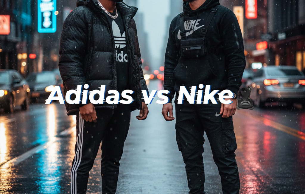 Two men modeling 2026 street style on a rainy city street. One wears a black Adidas puffer jacket and 700-style sneakers; the other wears a black Nike tech hoodie and Air Max sneakers.