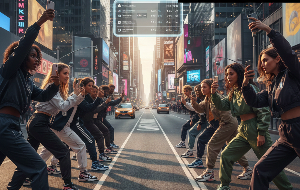 A futuristic street scene in New York City featuring two groups of fashion-forward individuals wearing 2026-era Adidas and Nike streetwear, divided by a central road.