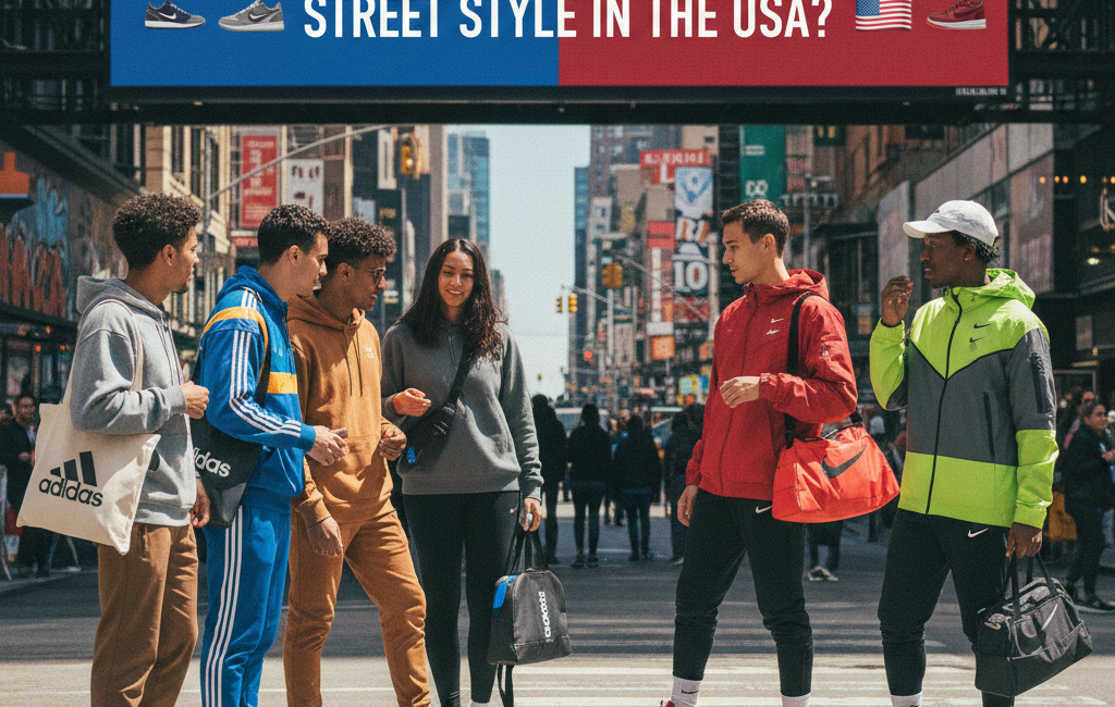 A split-screen digital billboard in a busy city center showing "Adidas vs Nike in 2026: Who Truly Leads Street Style in the USA?" with two groups of trendy youth wearing Adidas and Nike apparel in the street below.