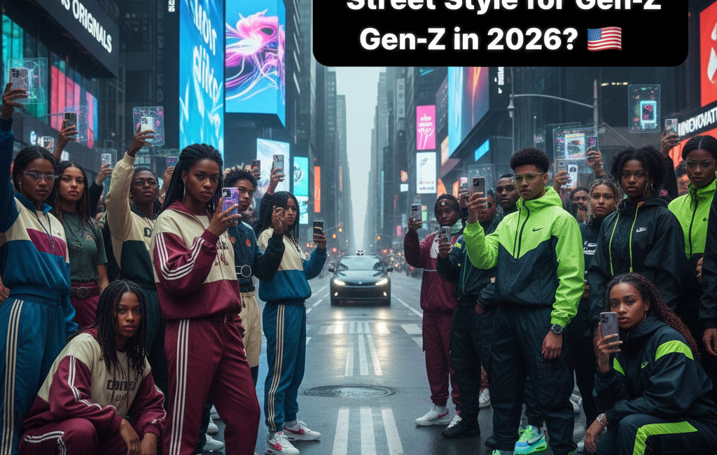 A dynamic 2026 New York City street scene featuring Gen-Z influencers and youth culture split between Adidas and Nike aesthetics, with a bold title overlay on the right.