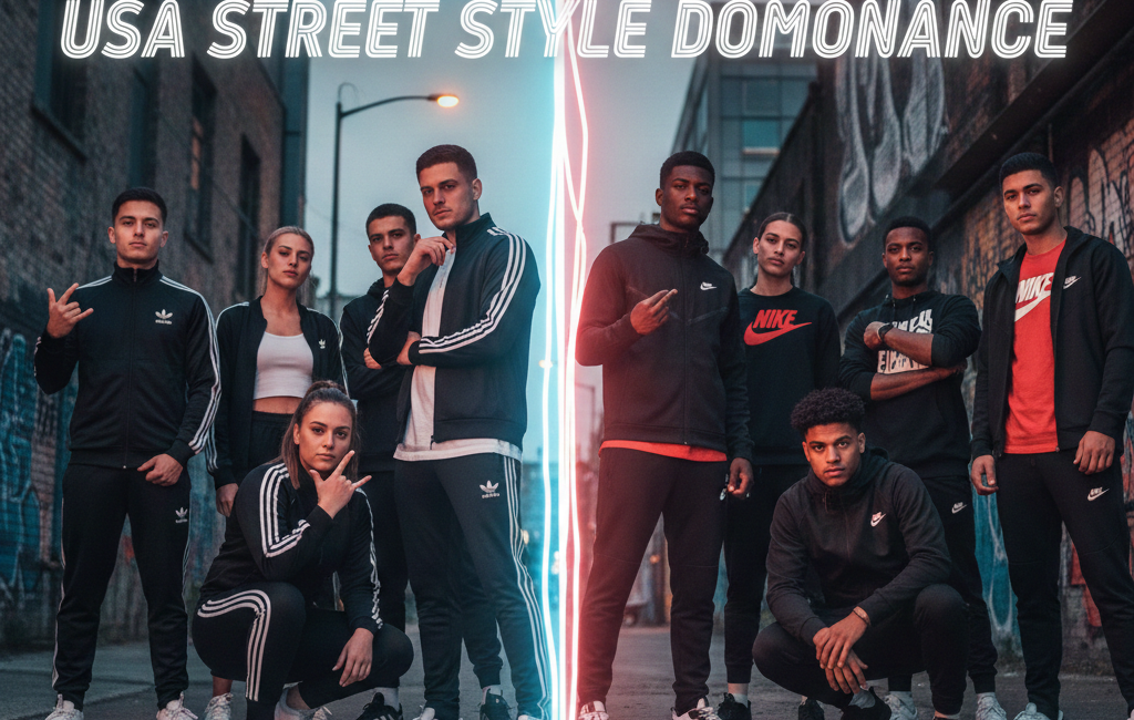 A split-screen cinematic shot of two groups of young people in an urban alley; the left side features models in Adidas tracksuits and sneakers, and the right side features models in Nike tech fleece and sneakers, separated by a neon light.
