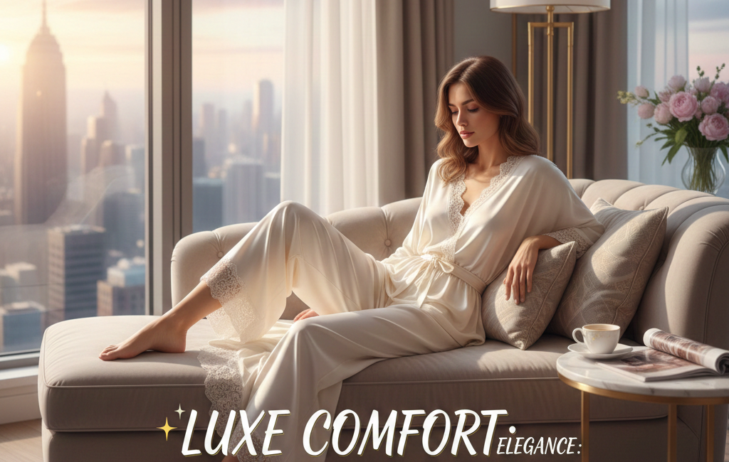A woman in elegant cream silk loungewear relaxing on a plush chaise lounge in a high-rise apartment overlooking the New York City skyline at sunset.