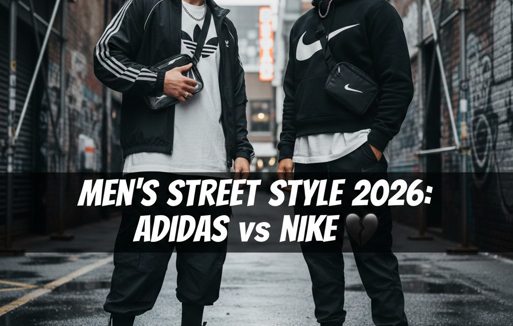 Two men in modern streetwear standing in an urban alley. One wears an Adidas track jacket and high-top sneakers; the other wears a Nike hoodie and joggers. Centered text reads "Men's Street Style 2026: Adidas vs Nike."