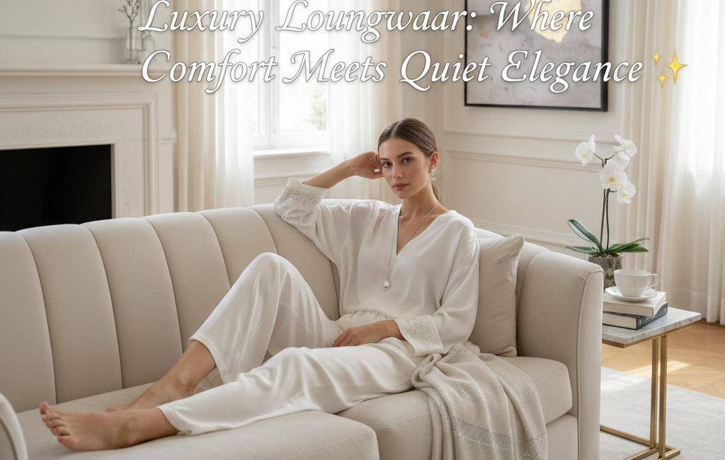 A woman reclining on a cream-colored velvet sofa in high-end white silk loungewear, set in a bright, minimalist luxury living room.