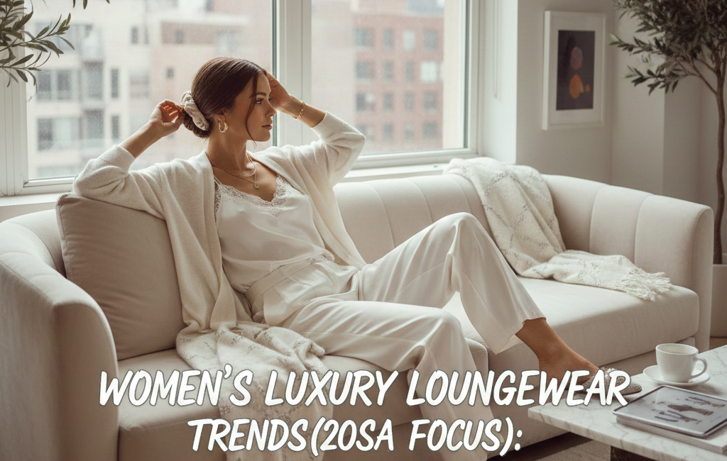 Woman in silk camisole and cream cashmere cardigan lounging on a modern white sofa, representing 2026 luxury loungewear trends.