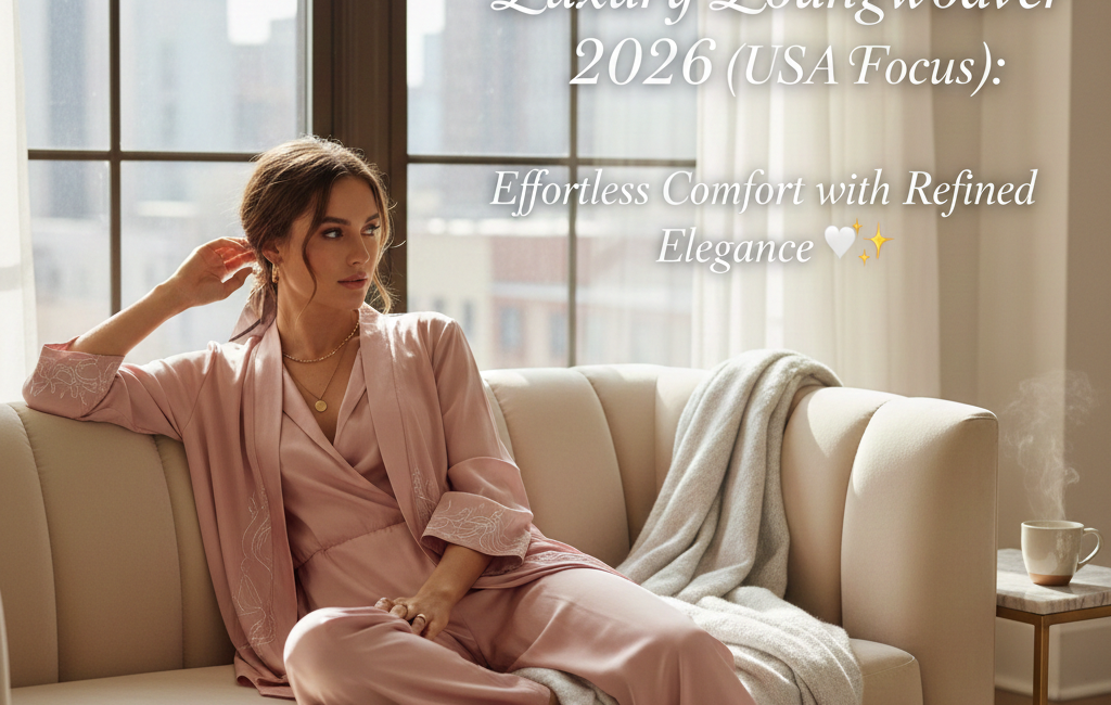 A woman relaxing on a cream-colored curved sofa, wearing a dusty rose silk robe and matching lounge pants. Next to her is a steaming cup of coffee and a soft gray throw blanket, set against a bright city window.