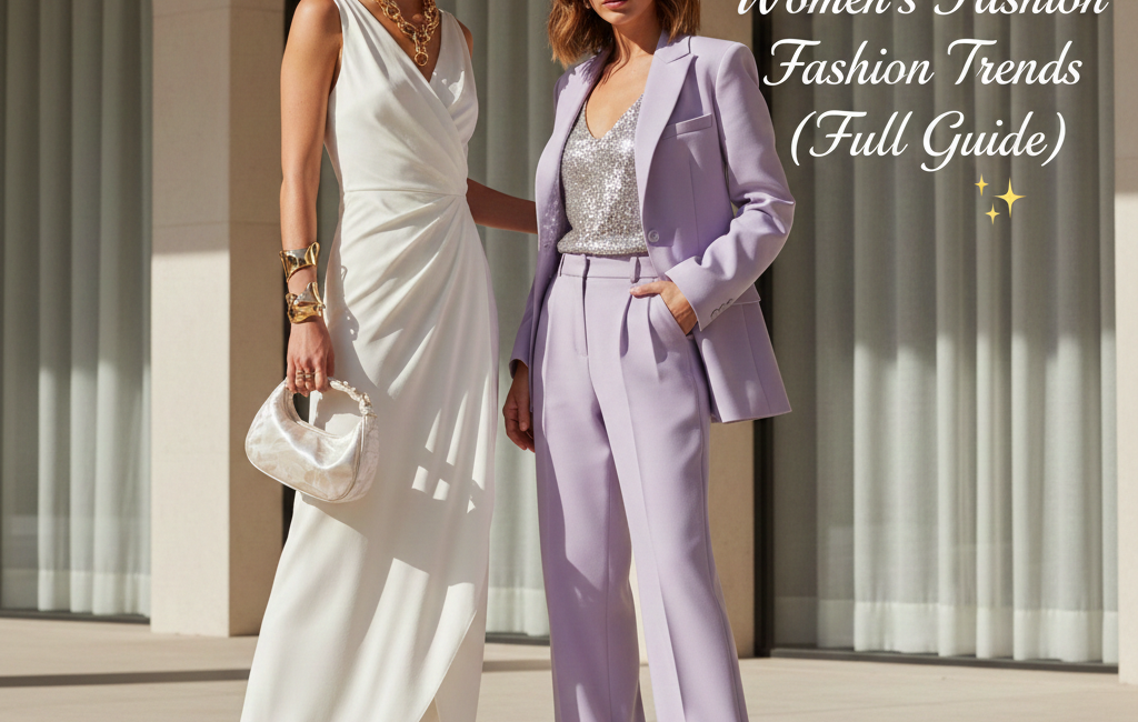 Two models showcasing 2026 luxury fashion: one in a draped white floor-length silk dress with bold gold cuffs, the other in a tailored lilac power suit with a sequined silver top and metallic heels.