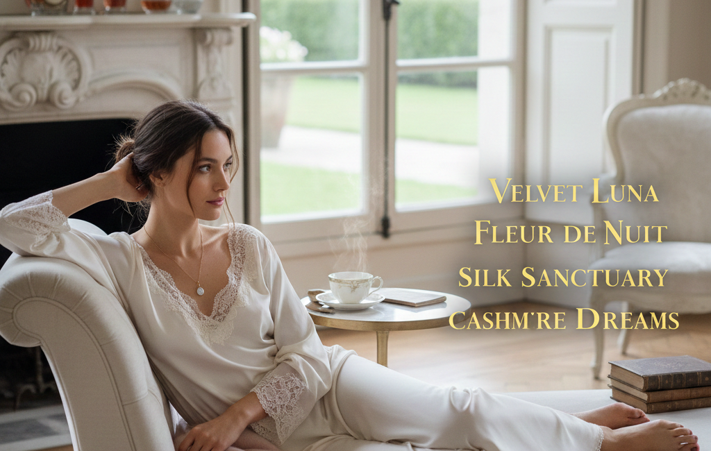 A high-end lifestyle shot featuring a woman in silk loungewear, used to showcase elegant brand name ideas.
