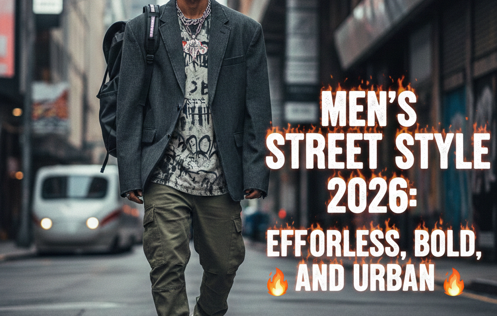 A stylish man walking down an urban city street wearing a grey oversized blazer, graphic t-shirt, and olive cargo pants. Large text on the right reads "MEN'S STREET STYLE 2026: EFFORTLESS, BOLD, AND URBAN" with fire emojis.